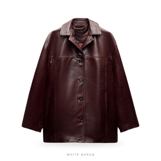 Women's Burgundy Leather Lapel Shirt Jacket