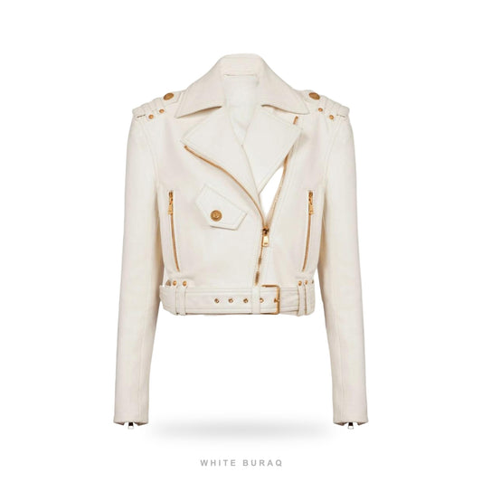 Women's White Lambskin Belted Biker with Gold Hardware