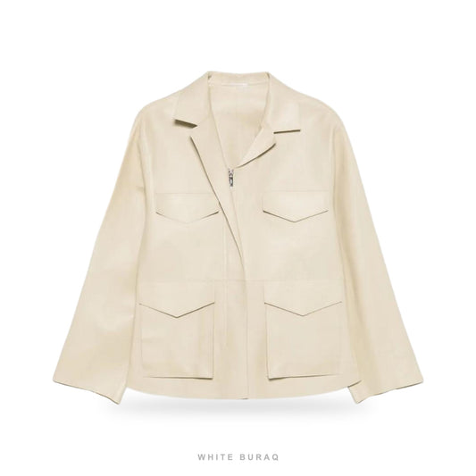 Women's Beige Lambskin Four-Pocket Utility Jacket