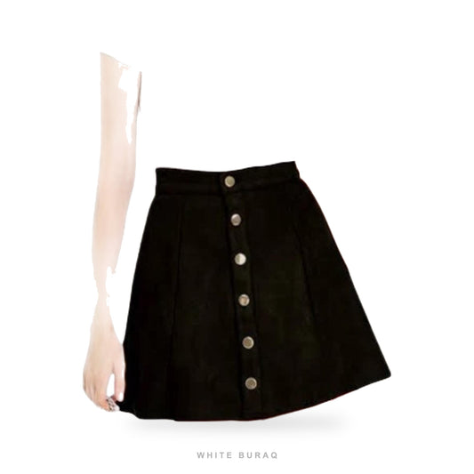 Women's Black Suede A-Line Button Mini Skirt