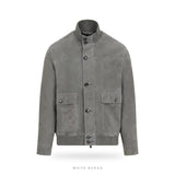 Men's Grey Suede Button Bomber Jacket