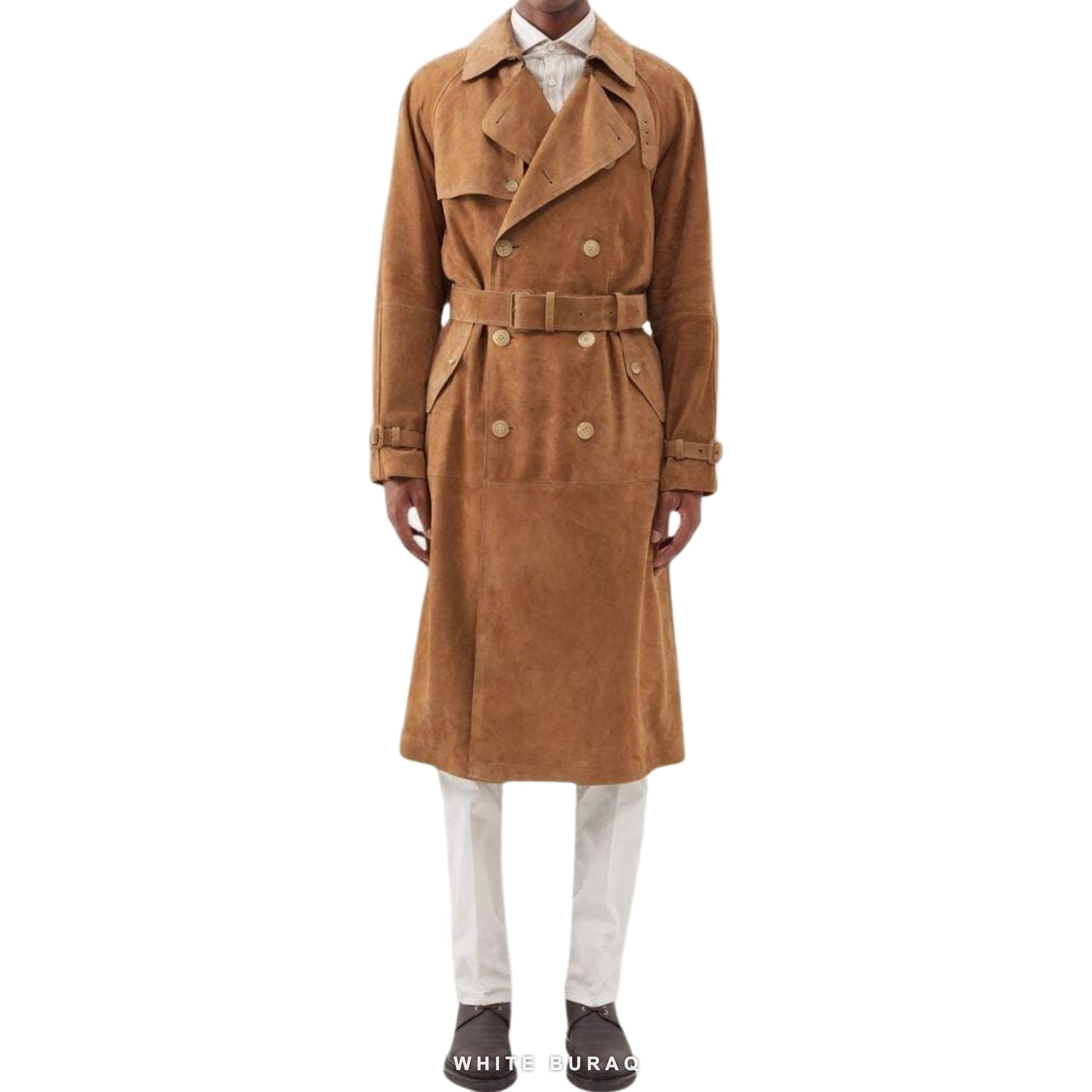 Men's Brown Calfskin Suede Belted Trench Coat