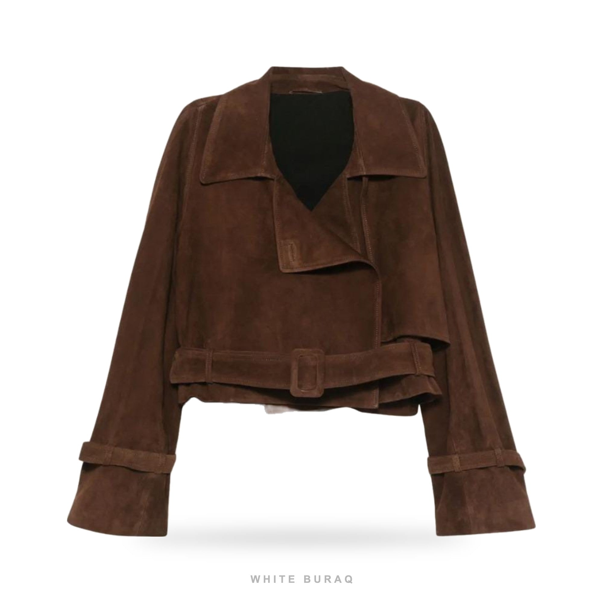 Women's Dark Brown Suede Belted Cropped Jacket