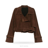 Women's Dark Brown Suede Belted Cropped Jacket