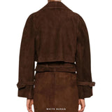 Women's Dark Brown Suede Belted Cropped Jacket – view 3