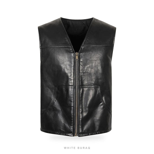 Men's Black Sheepskin V-Neck Zip Vest
