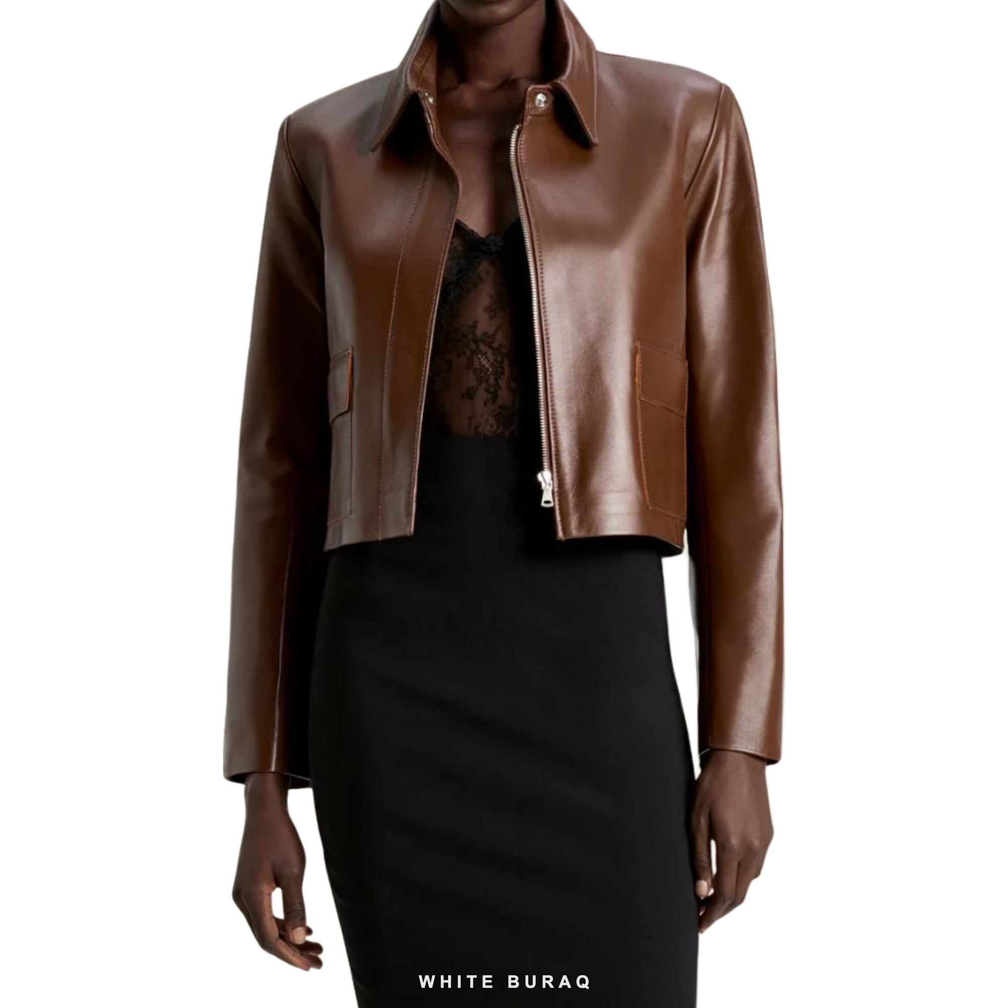 Women's Chocolate Waxed Lambskin Cropped Jacket – view 3