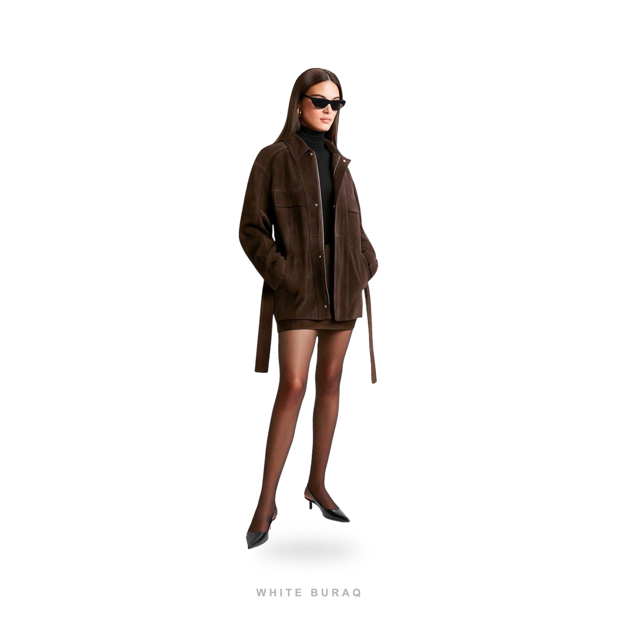 Women's Dark Brown Suede Belted Utility Shirt Jacket – view 3