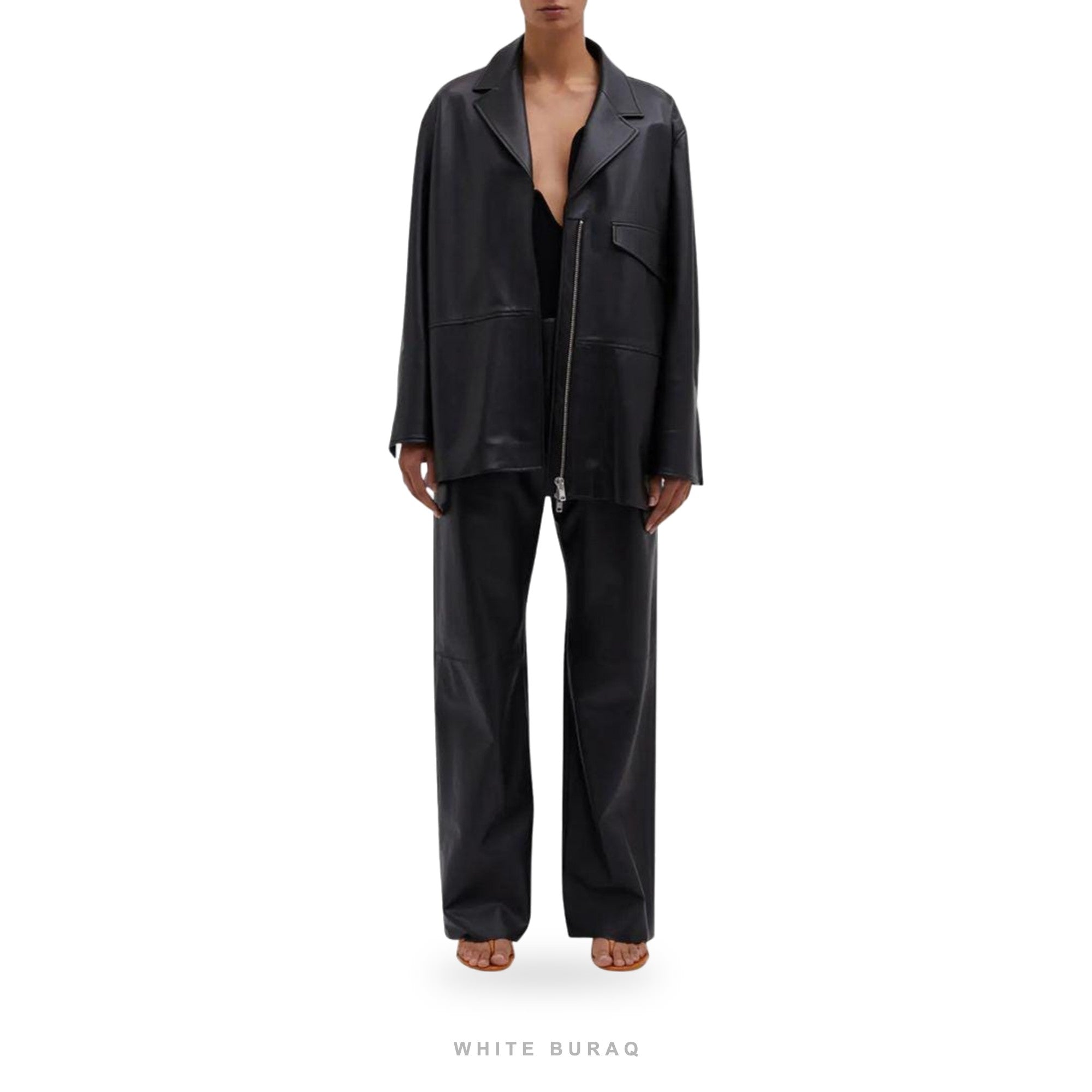 Women's Black Leather Oversized Moto Blazer