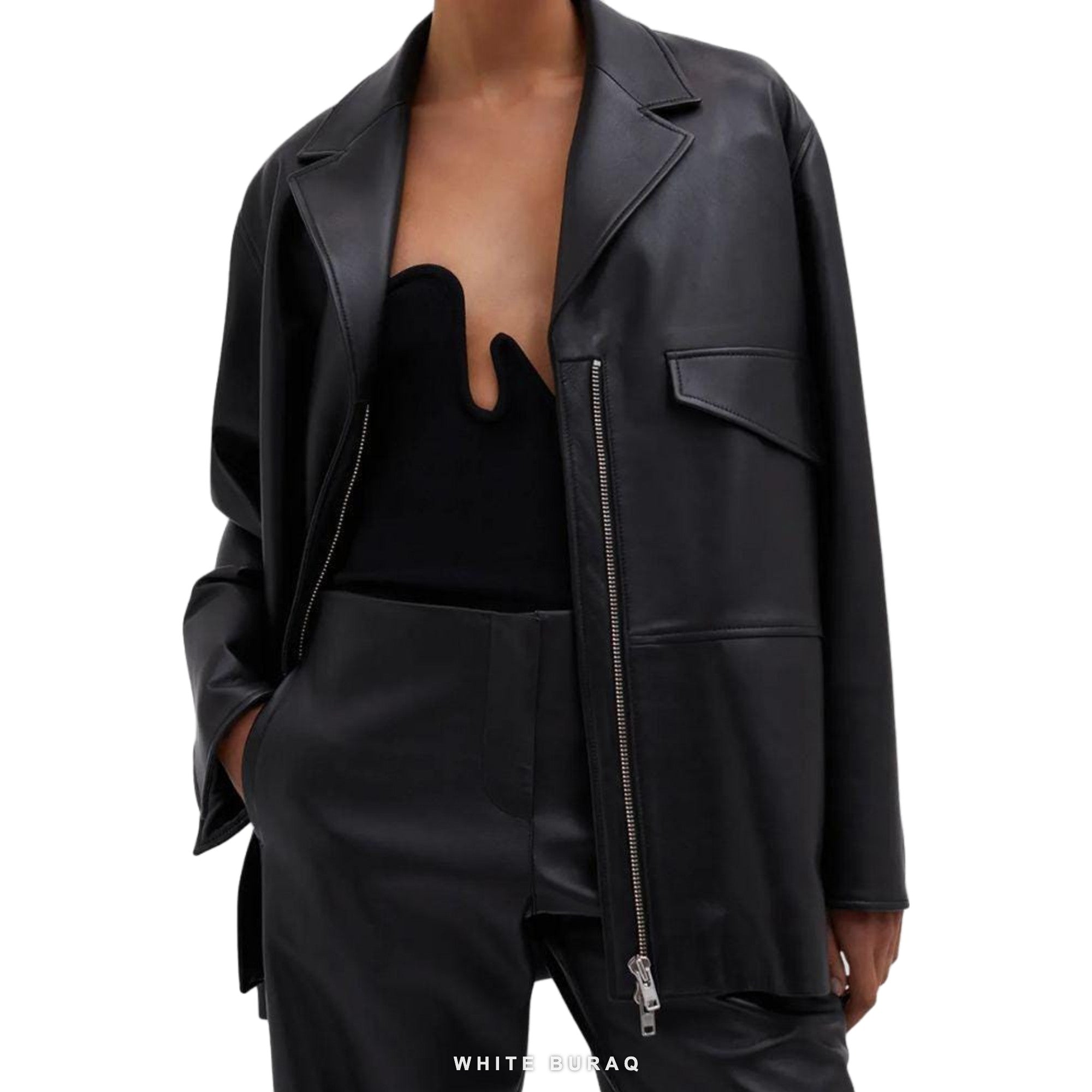 Women's Black Leather Oversized Moto Blazer – view 3