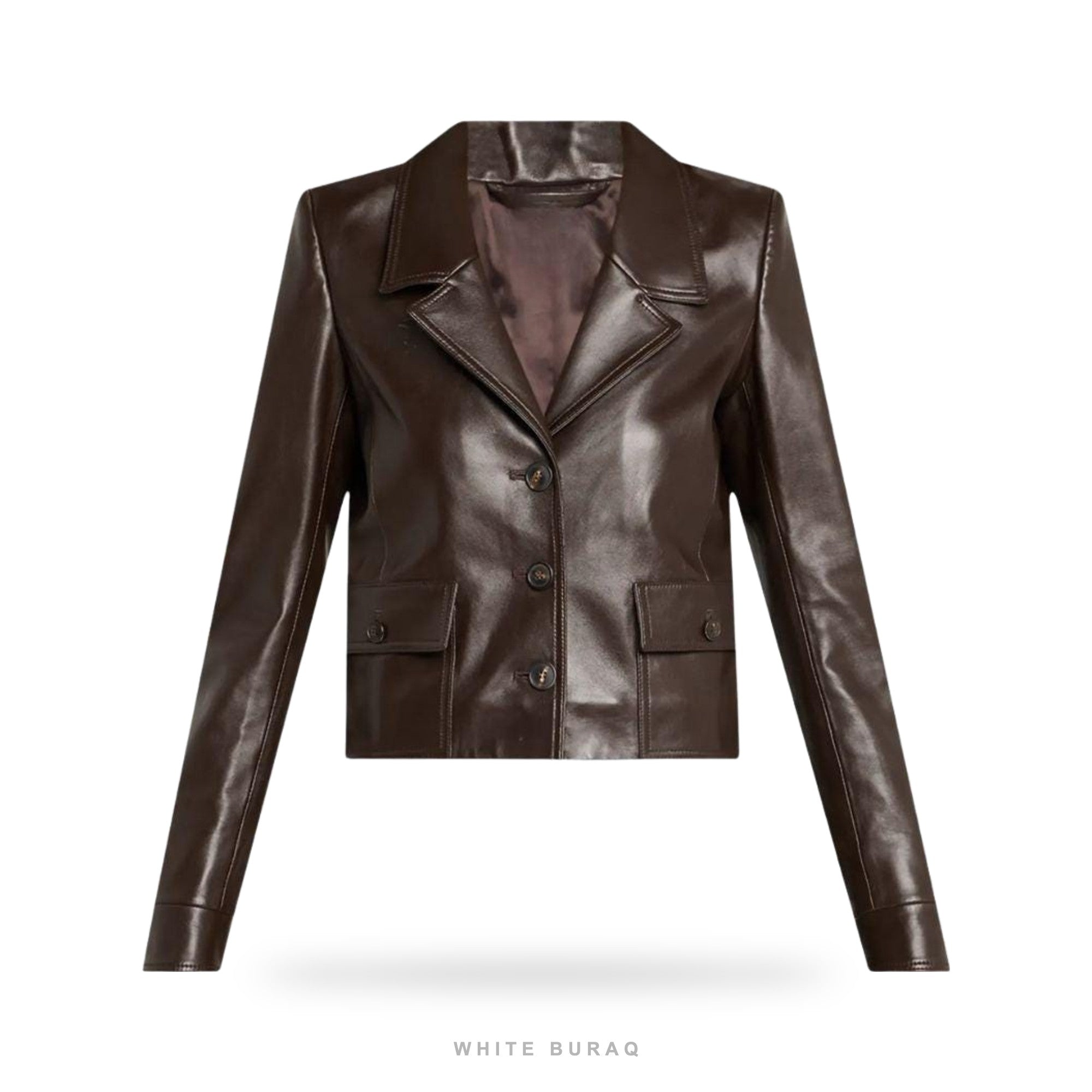 Women's Dark Brown Leather Cropped Button-Up Blazer
