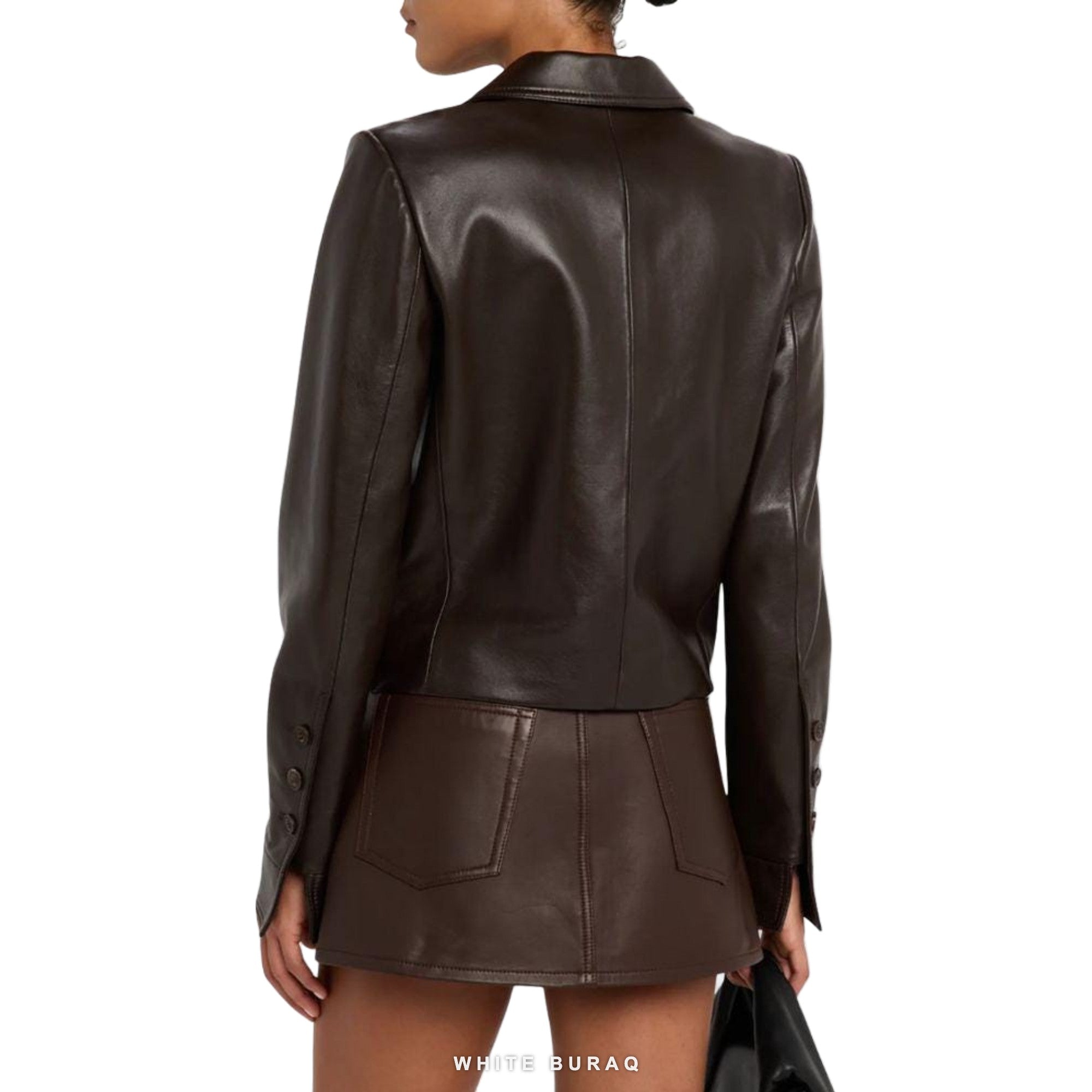 Women's Dark Brown Leather Cropped Button-Up Blazer – view 2