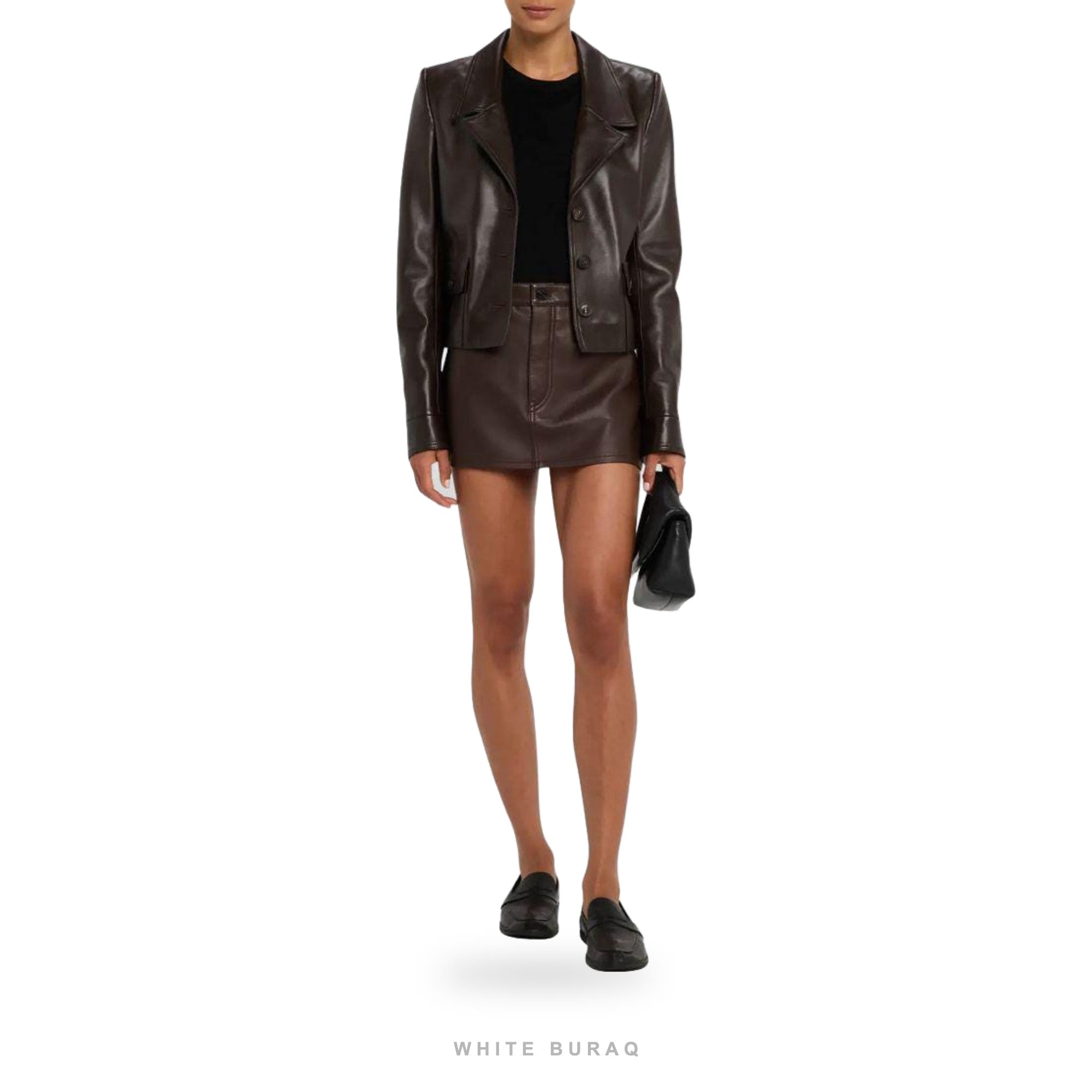 Women's Dark Brown Leather Cropped Button-Up Blazer – view 3