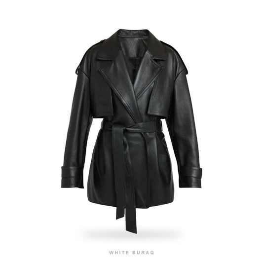 Women's Black Leather Belted Longline Trench