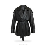 Women's Black Leather Belted Longline Trench