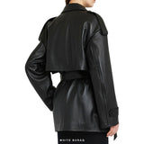 Women's Black Leather Belted Longline Trench – view 2