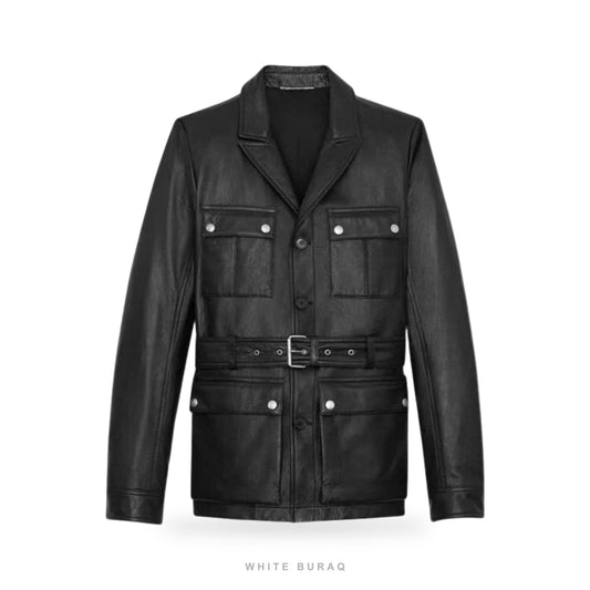 Men's Black Leather Belted Four-Pocket Safari Jacket