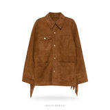 Women's Brown Calfskin Suede Fringe Moto Jacket