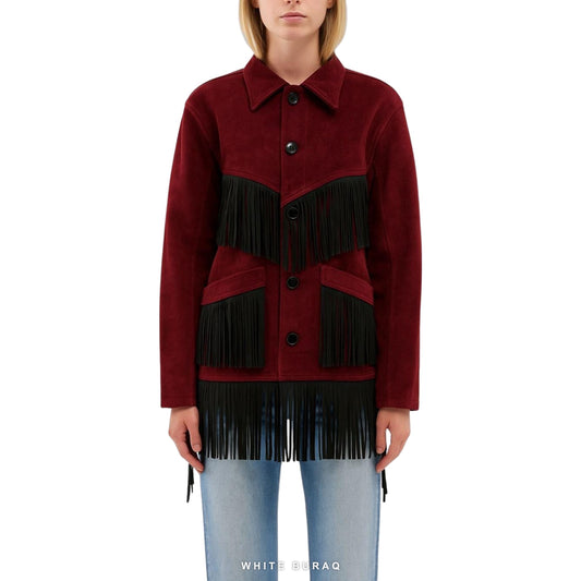 Women's Burgundy Suede Western Jacket with Black Fringe