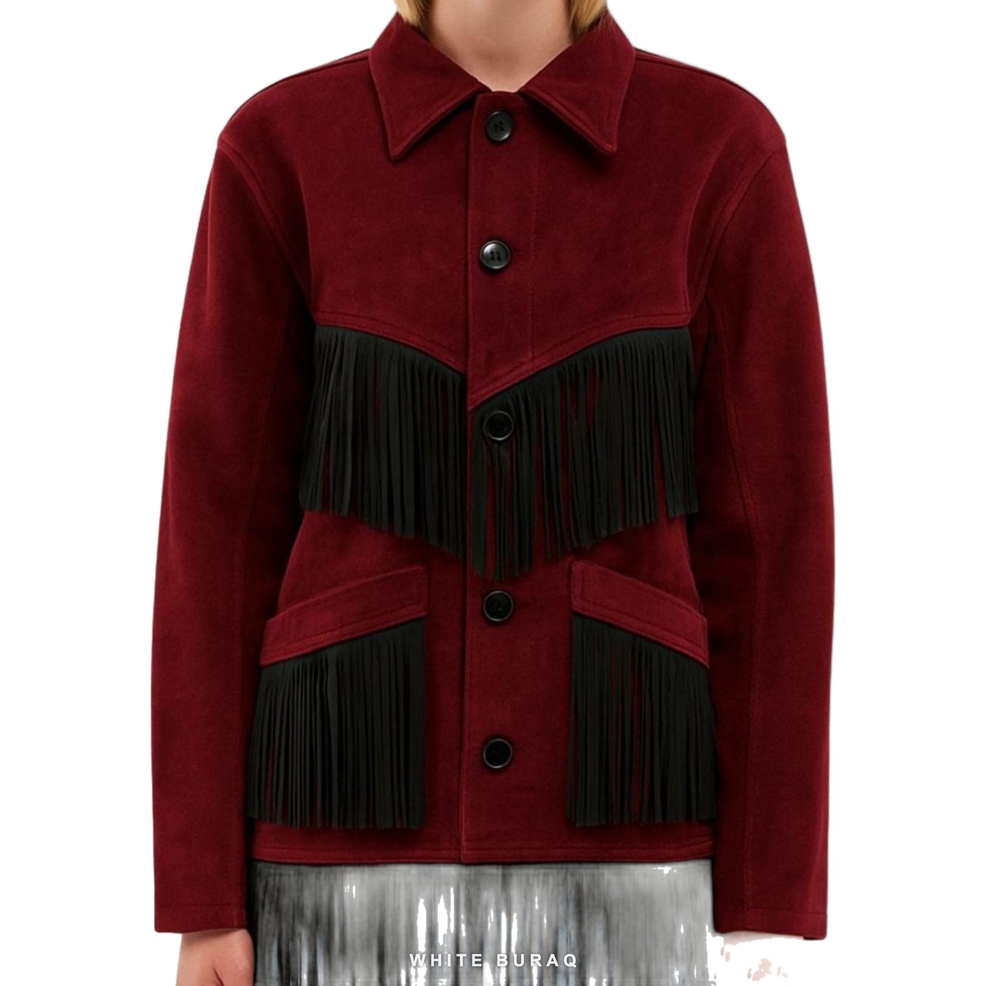 Women's Burgundy Suede Western Jacket with Black Fringe – view 3