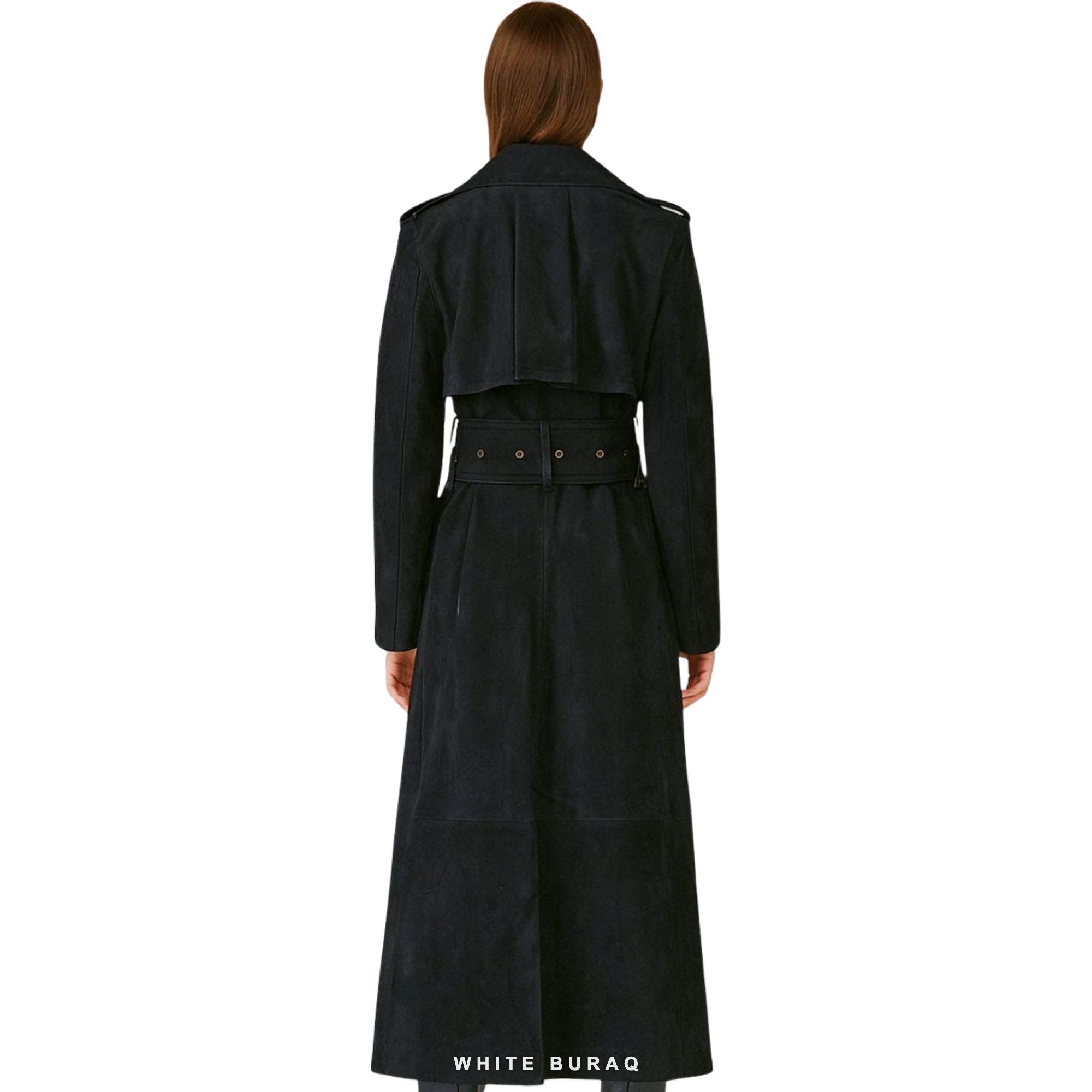 Women's Black Suede Military Belted Trench Coat – view 4