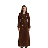 Women's Dark Brown Suede Gold-Button Double-Breasted Trench