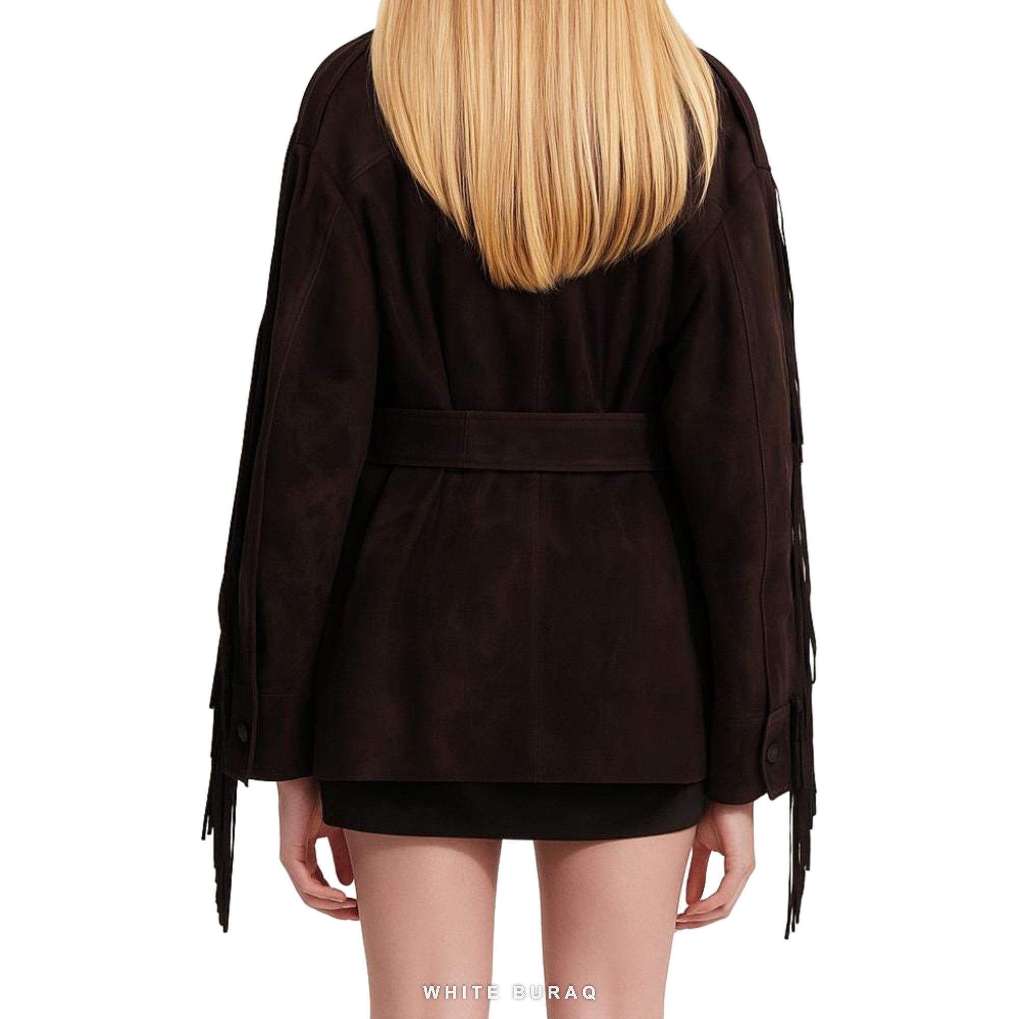 Women's Dark Brown Suede Belted Fringe Jacket – view 2
