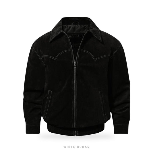 Men's Black Suede Western-Stitch Bomber Jacket