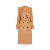 Women's Caramel Sheepskin Leather Double-Breasted Trench Coat