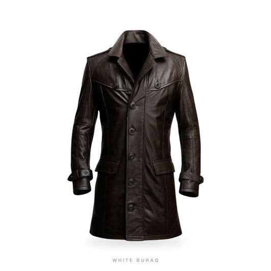 Men's Dark Brown Sheepskin Leather Belted Trench Coat