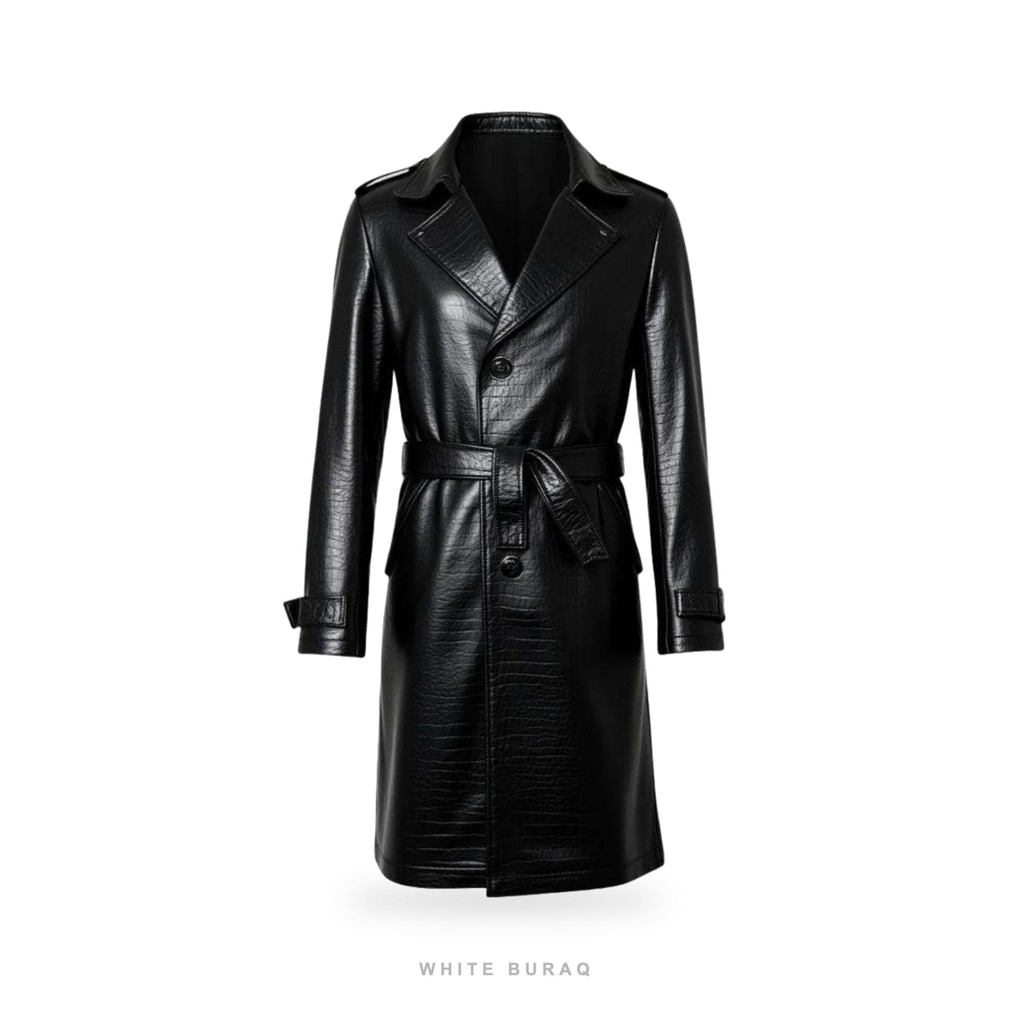 Men's Black Croc-Embossed Sheepskin Belted Trench Coat