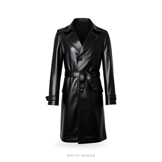 Men's Black Croc-Embossed Sheepskin Belted Trench Coat