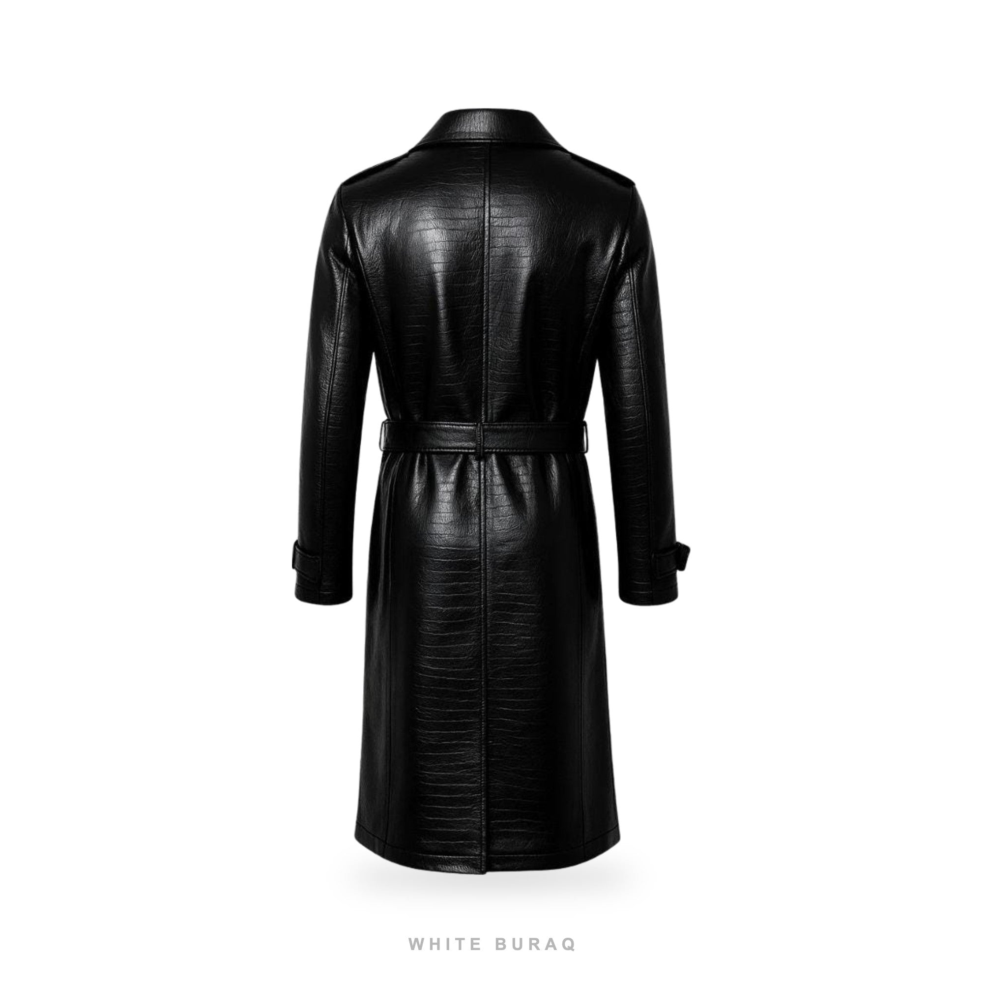Men's Black Croc-Embossed Sheepskin Belted Trench Coat – view 2