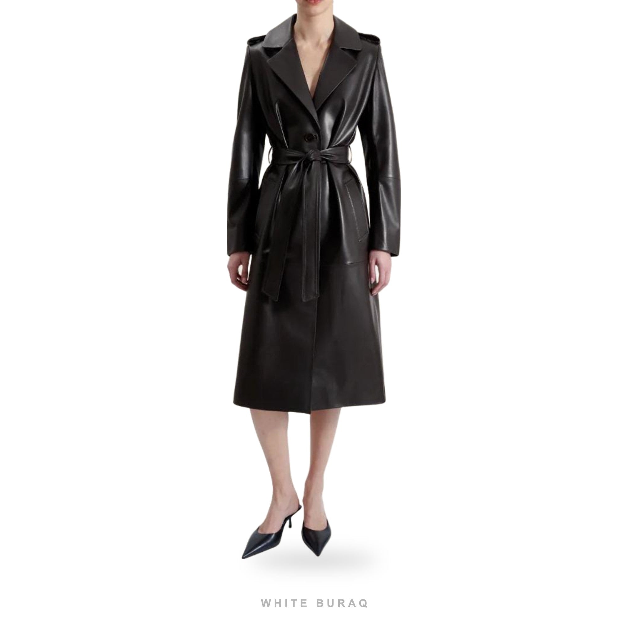 Women's Black Sheepskin Belted Long Trench