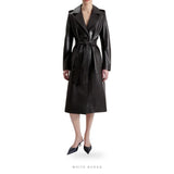 Women's Black Sheepskin Belted Long Trench