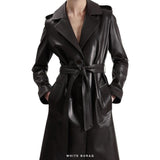 Women's Black Sheepskin Belted Long Trench – view 3