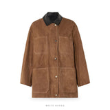Women's Brown Suede Overshirt Jacket with Leather Collar – view 4