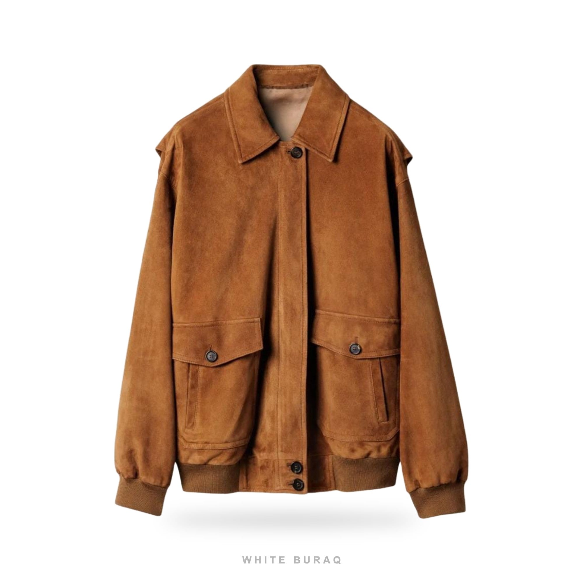 Women's Brown Sheepskin Suede Button Bomber Jacket