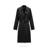 Women's Black Sheepskin Belted Biker Trench Coat