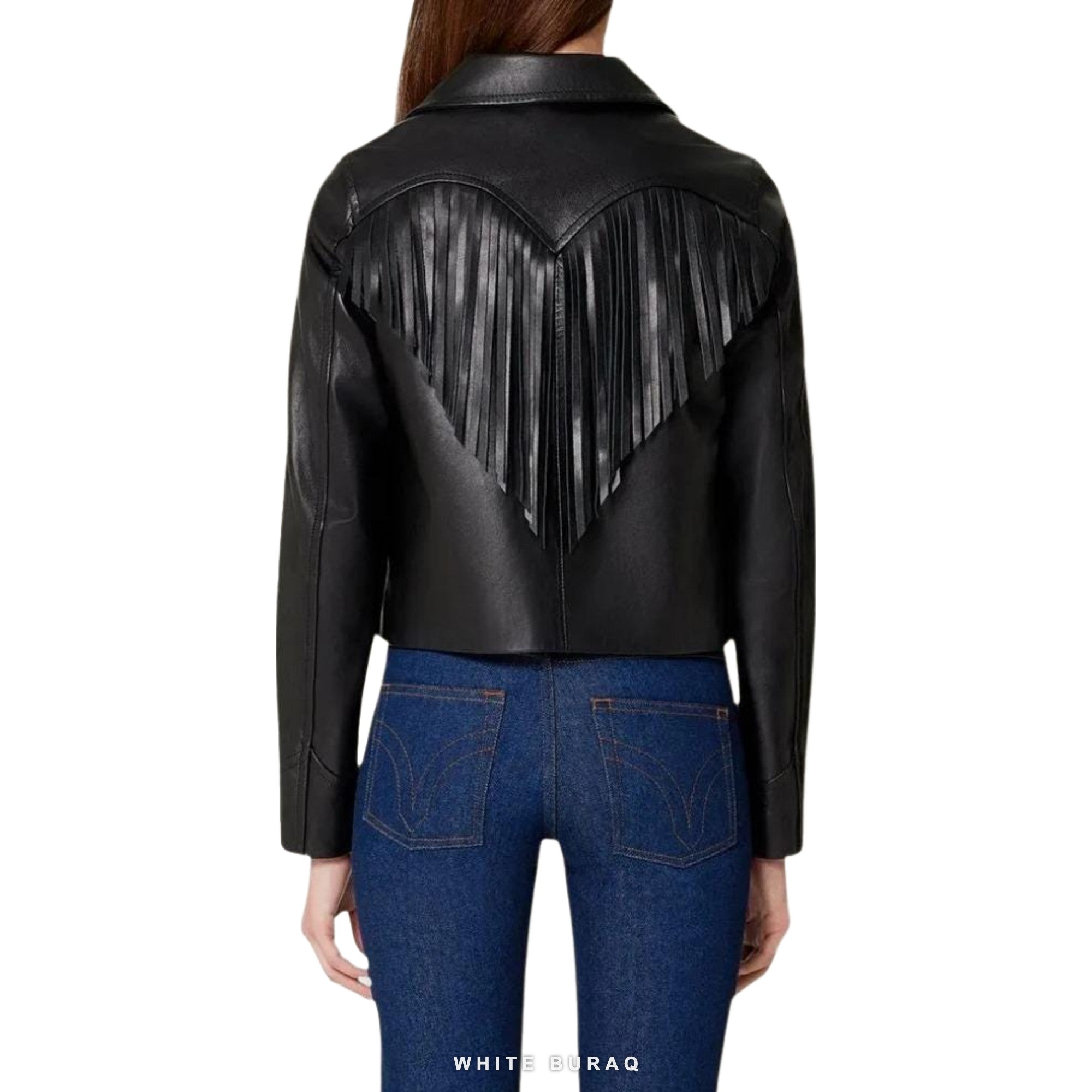 Women's Black Leather Fringe Cropped Jacket – view 4