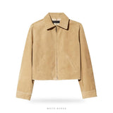 Women's Beige Suede Cropped Zip Jacket