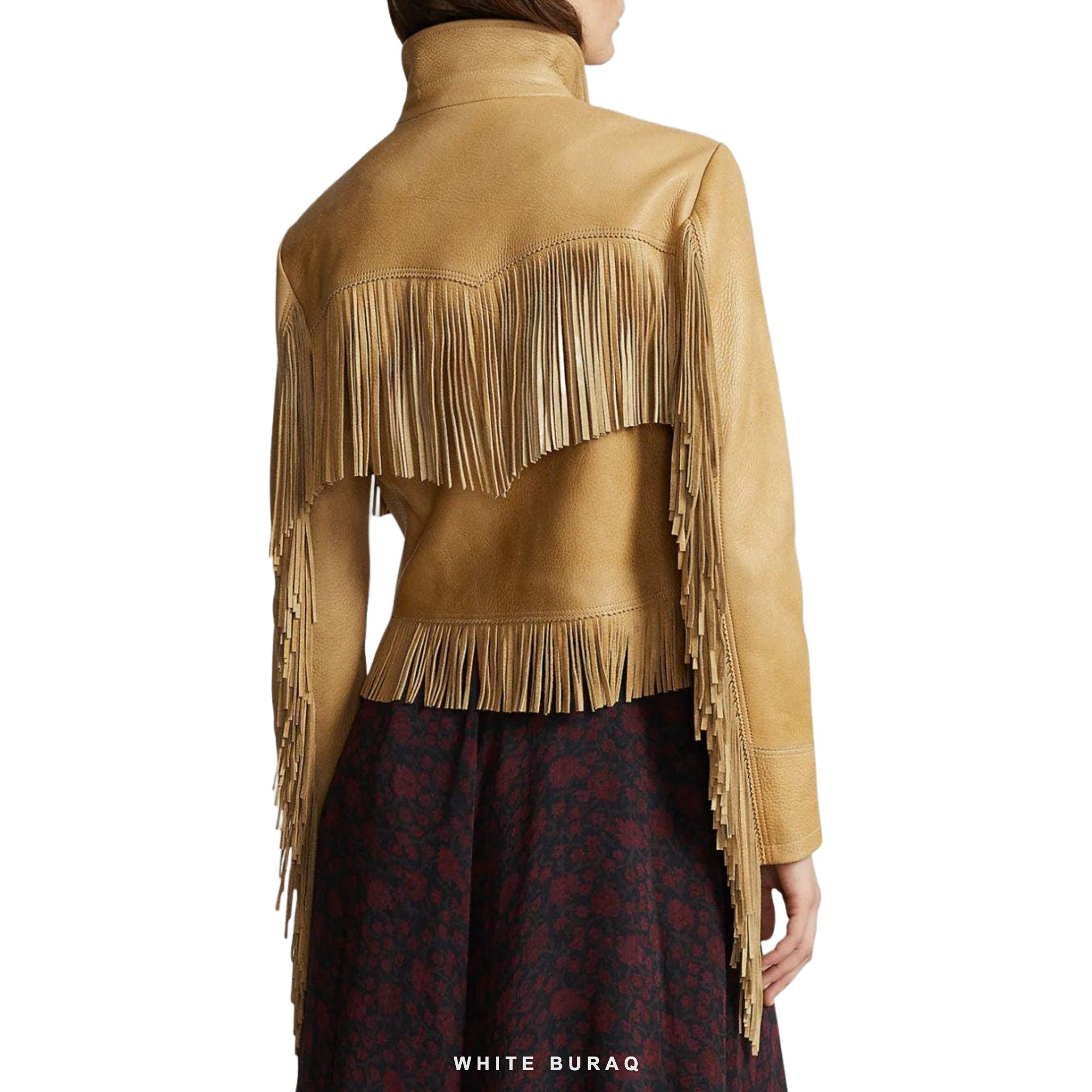 Women's Beige Leather Fringe Western Jacket – view 3