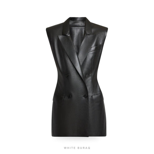 Women's Black Leather Double-Breasted Blazer Vest