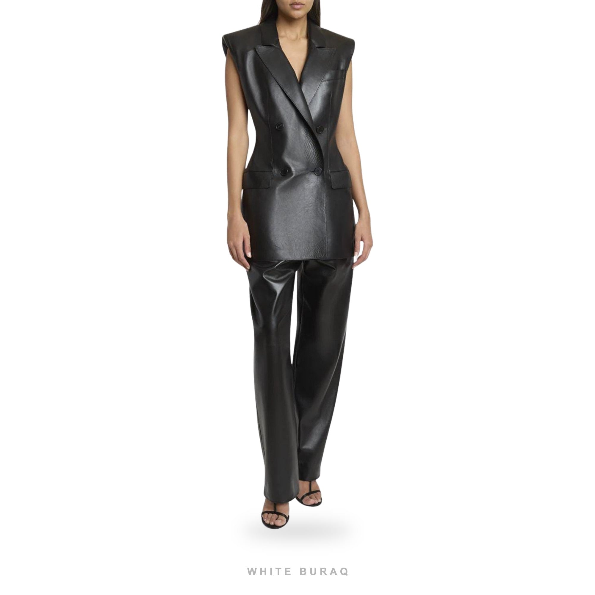 Women's Black Leather Double-Breasted Blazer Vest – view 2