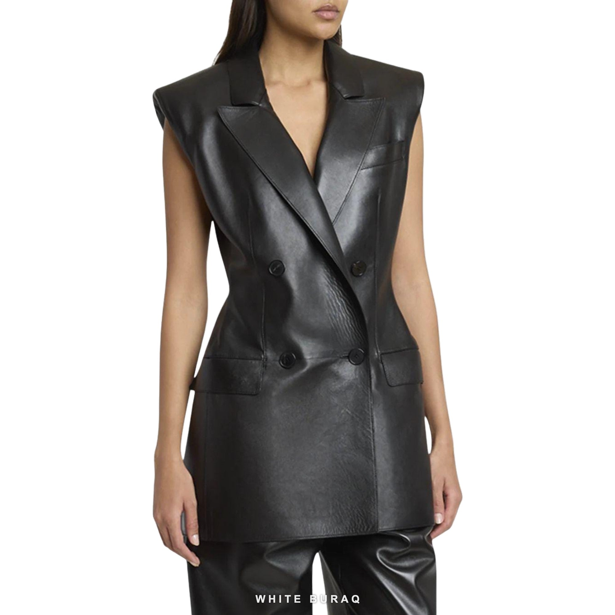 Women's Black Leather Double-Breasted Blazer Vest – view 4