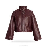 Women's Burgundy Leather High-Neck Cropped Jacket