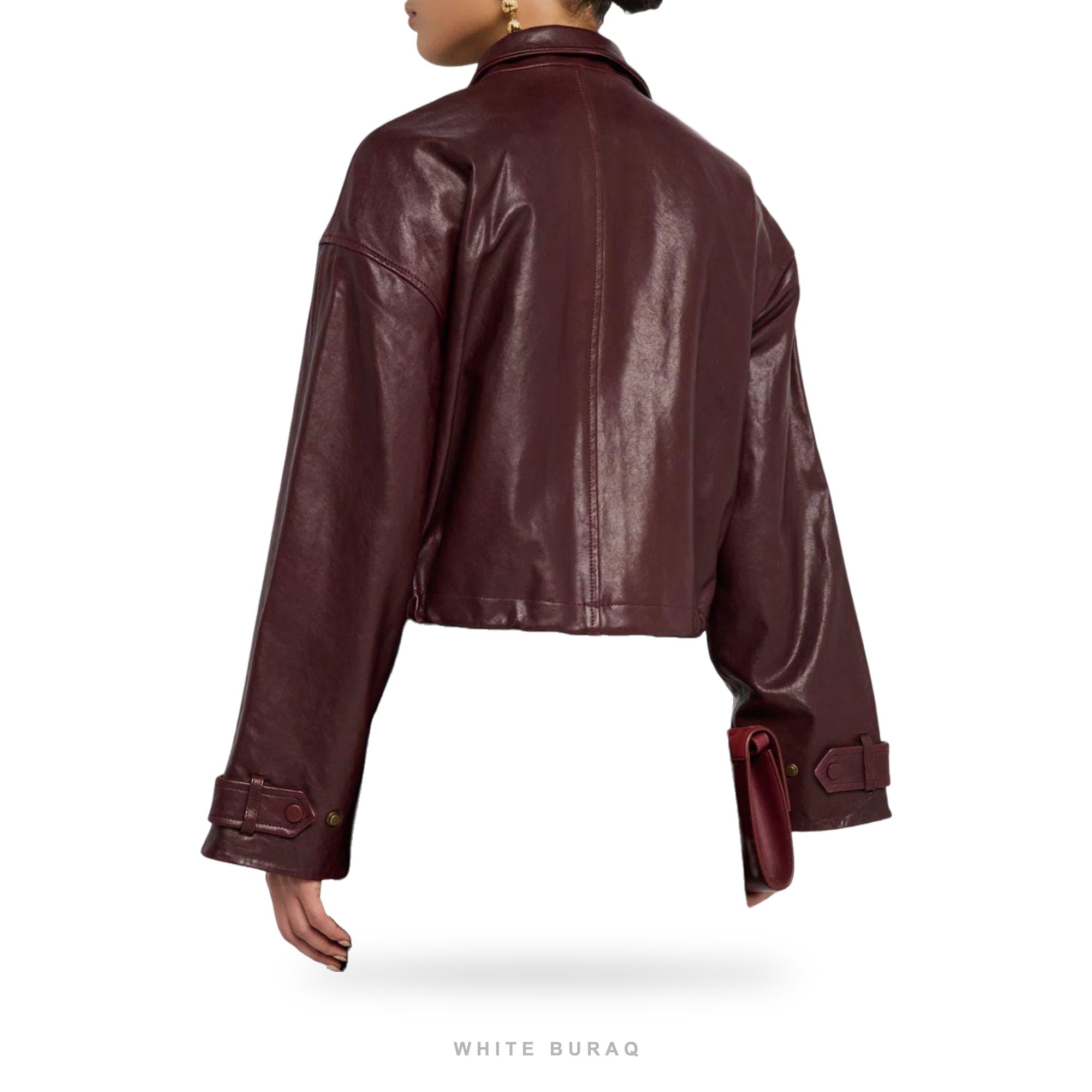 Women's Burgundy Leather High-Neck Cropped Jacket – view 3