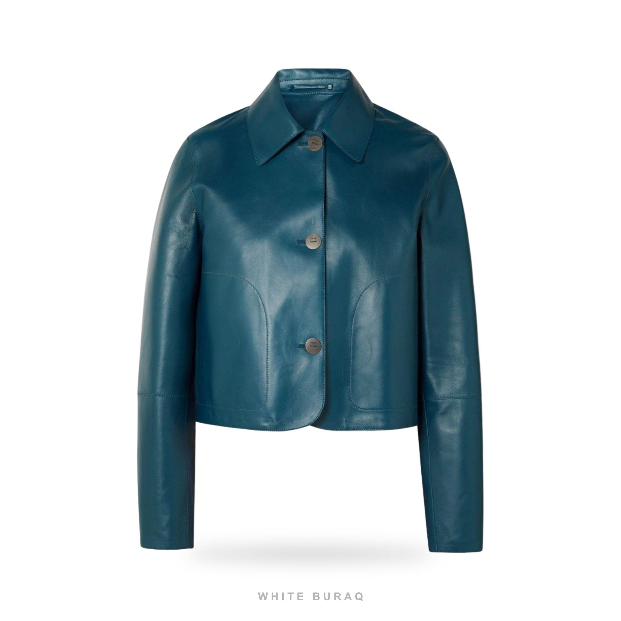 Women's Teal Blue Leather Cropped Jacket – view 3