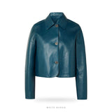 Women's Teal Blue Leather Cropped Jacket – view 3