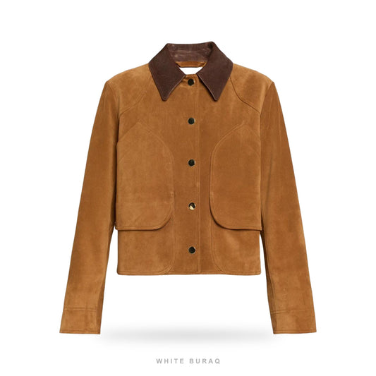Women's Caramel Suede Cropped Jacket with Dark Collar